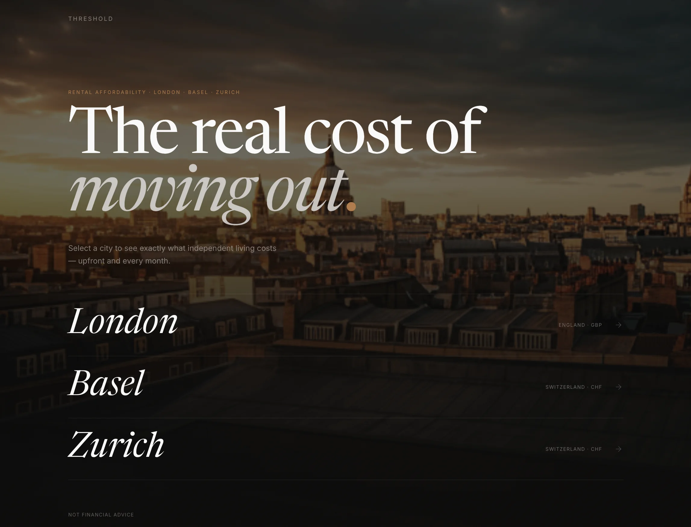 Threshold landing page showing rental affordability choices for London, Basel, and Zurich