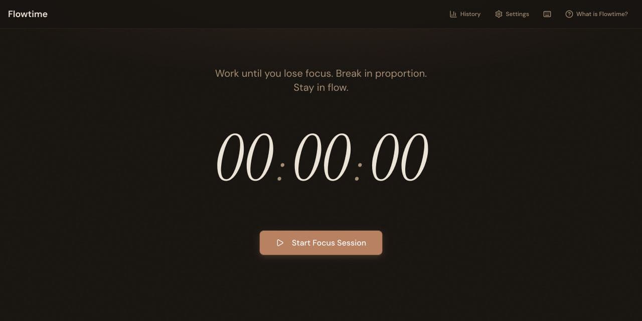 Flowtime focus timer interface showing an idle session
