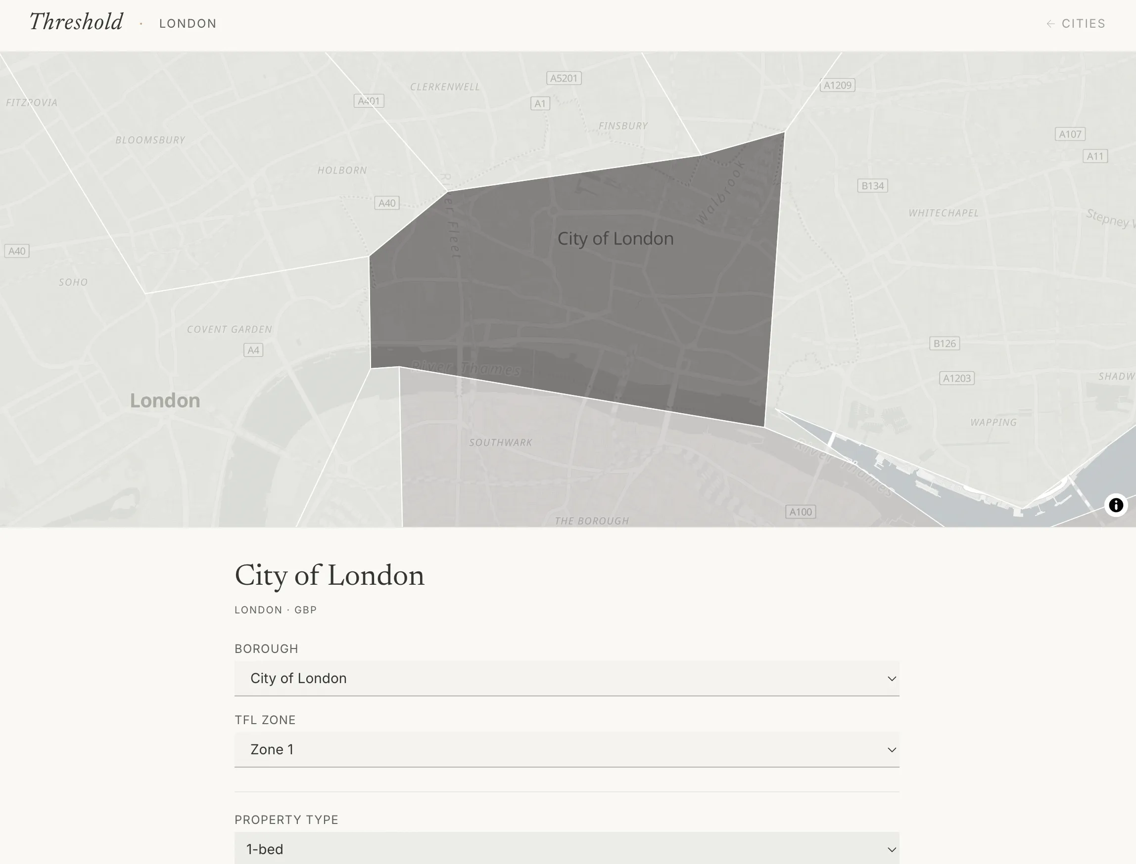 Threshold calculator with a district map and scenario controls